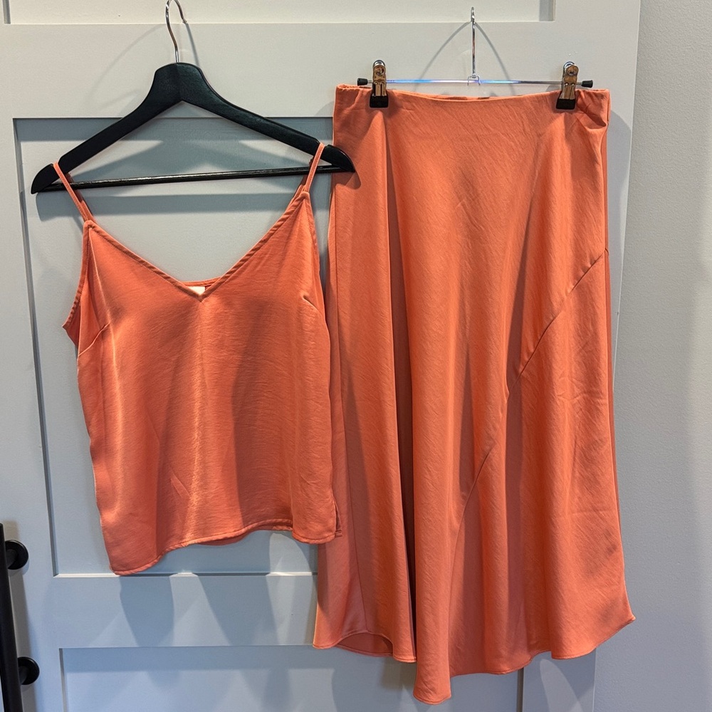 Coral Satin Maxi Skirt with Matching Cami